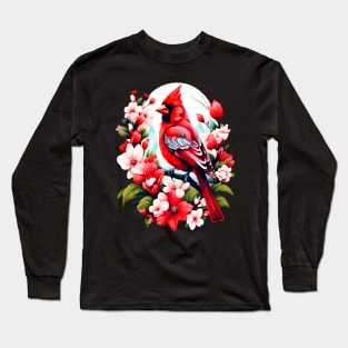 Cute Northern Cardinal Surrounded by Vibrant Spring Flowers Long Sleeve T-Shirt